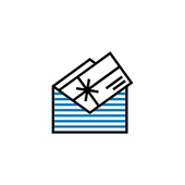 An illustration: A blue and white striped envelope with a card sticking out of it