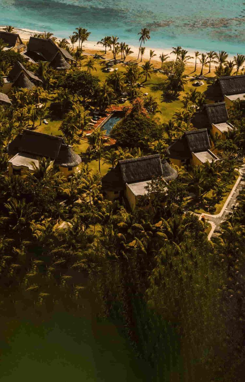 Ein Strand und Wald auf Mauritius aus der vogelperspektive
