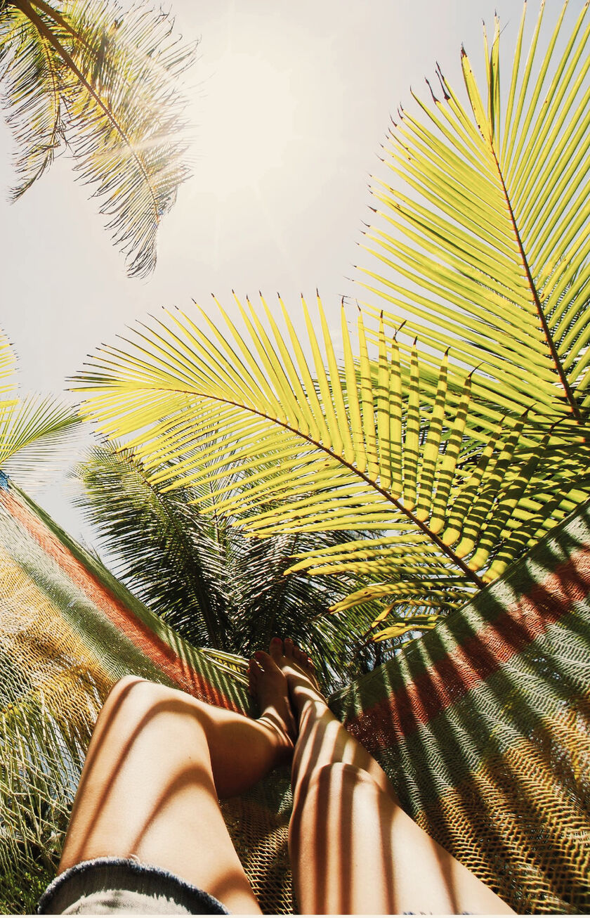 Hängematte von Palmen umgeben aus sicht der Darinliegenden