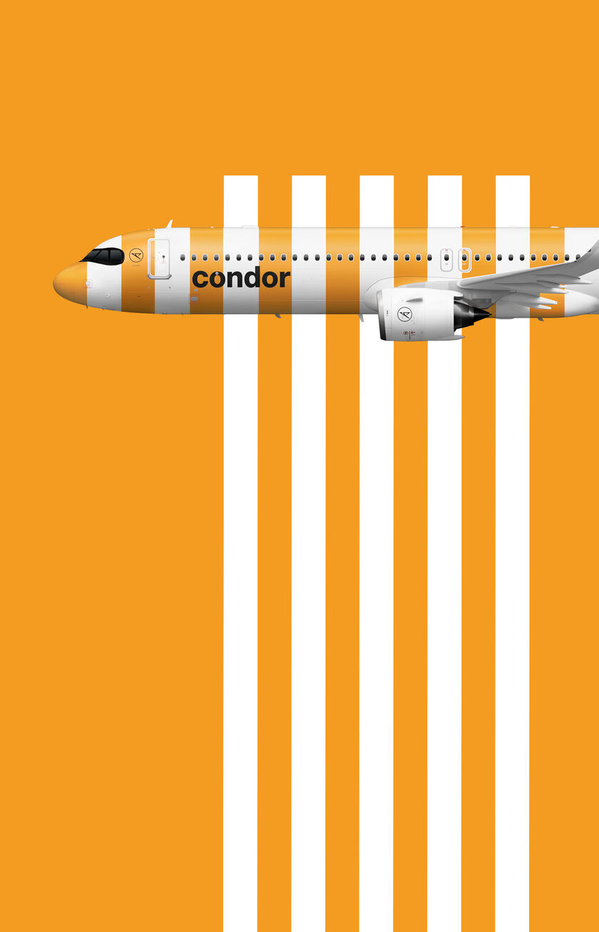 Striped Week. Condor Flugzeug in der Farbe sunshine auf orange farbendem Hintergrund.