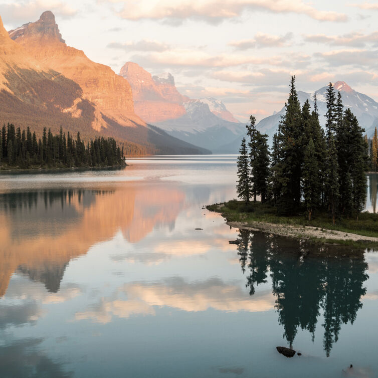 Sonnenaufgang am ruhigen Maligne Lake mit spiegelnden Bergen und Bäumen