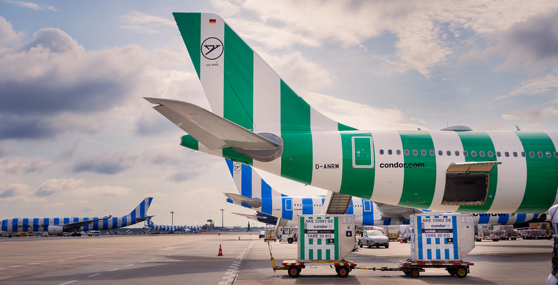 Galerie von verschiedenen Situationen beim Verladen von Fracht in ein Condor-Flugzeug