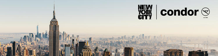 Aussicht von NYC Skyline von Manhattan im Sonnenlicht mit dem Empire State Building im Vordergrund und dem One World Trade Center im Hintergrund