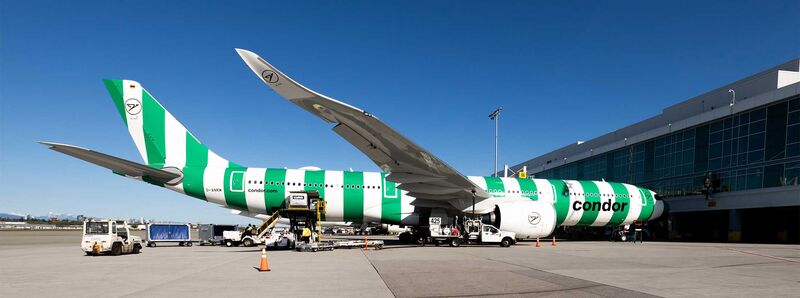 Ein grün-weiß gestreiftes Condor Flugzeug steht am Terminal zum Einsteigen bereit