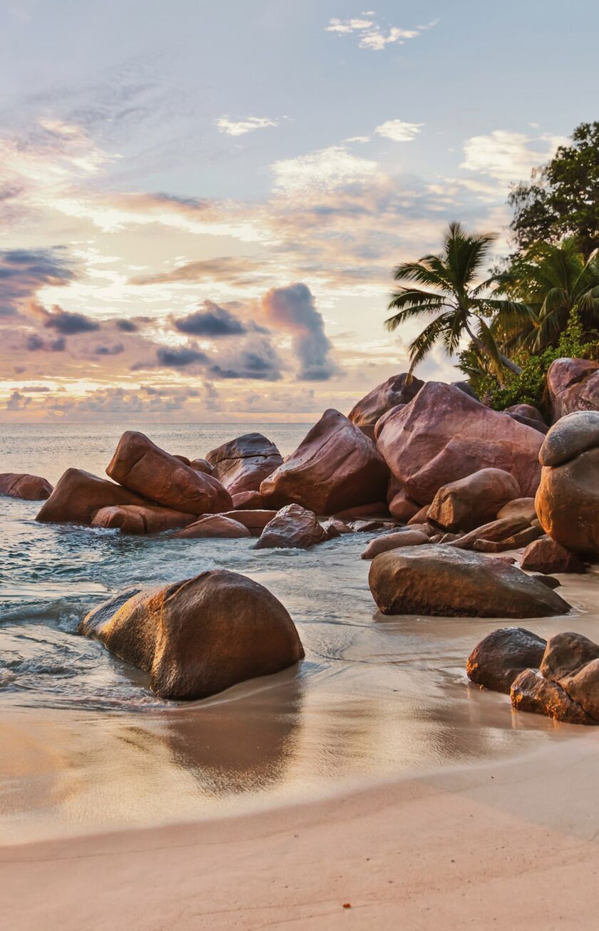 Sonnenuntergang am felsigen Strand der Seychellen, mit Palmen und türkisblauem Wasser.