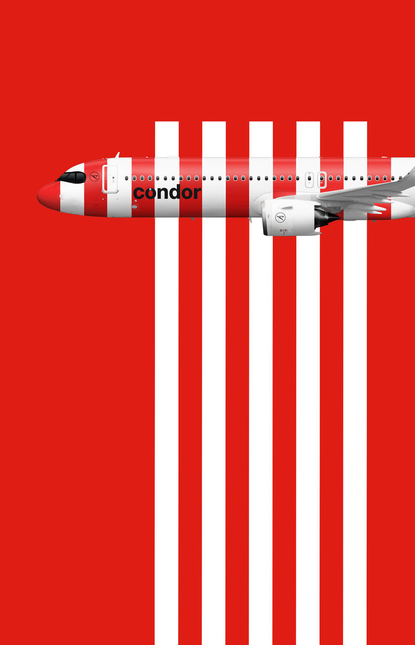 Striped Week. Condor Flugzeug in der Farbe Passion auf rot farbendem Hintergrund.