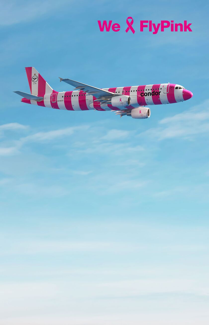 Condor Flugzeug in pink-gestreift. Im Hintergrund Wolken. Rechts oben das FlyPink Schriftlogo. 