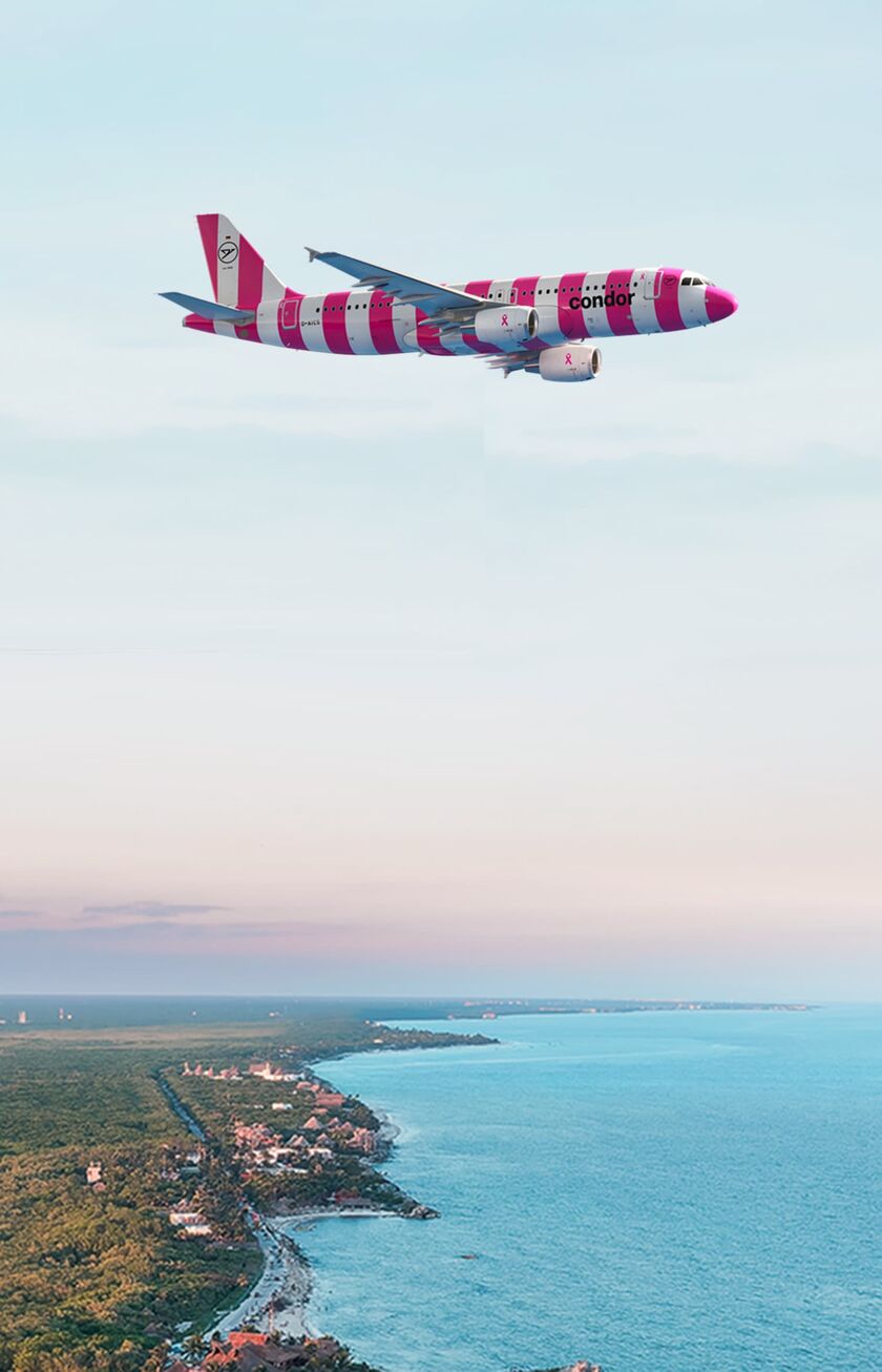 Condor Flugzeug in pink-gestreift. Im Hintergrund Wolken. Rechts oben das FlyPink Schriftlogo.