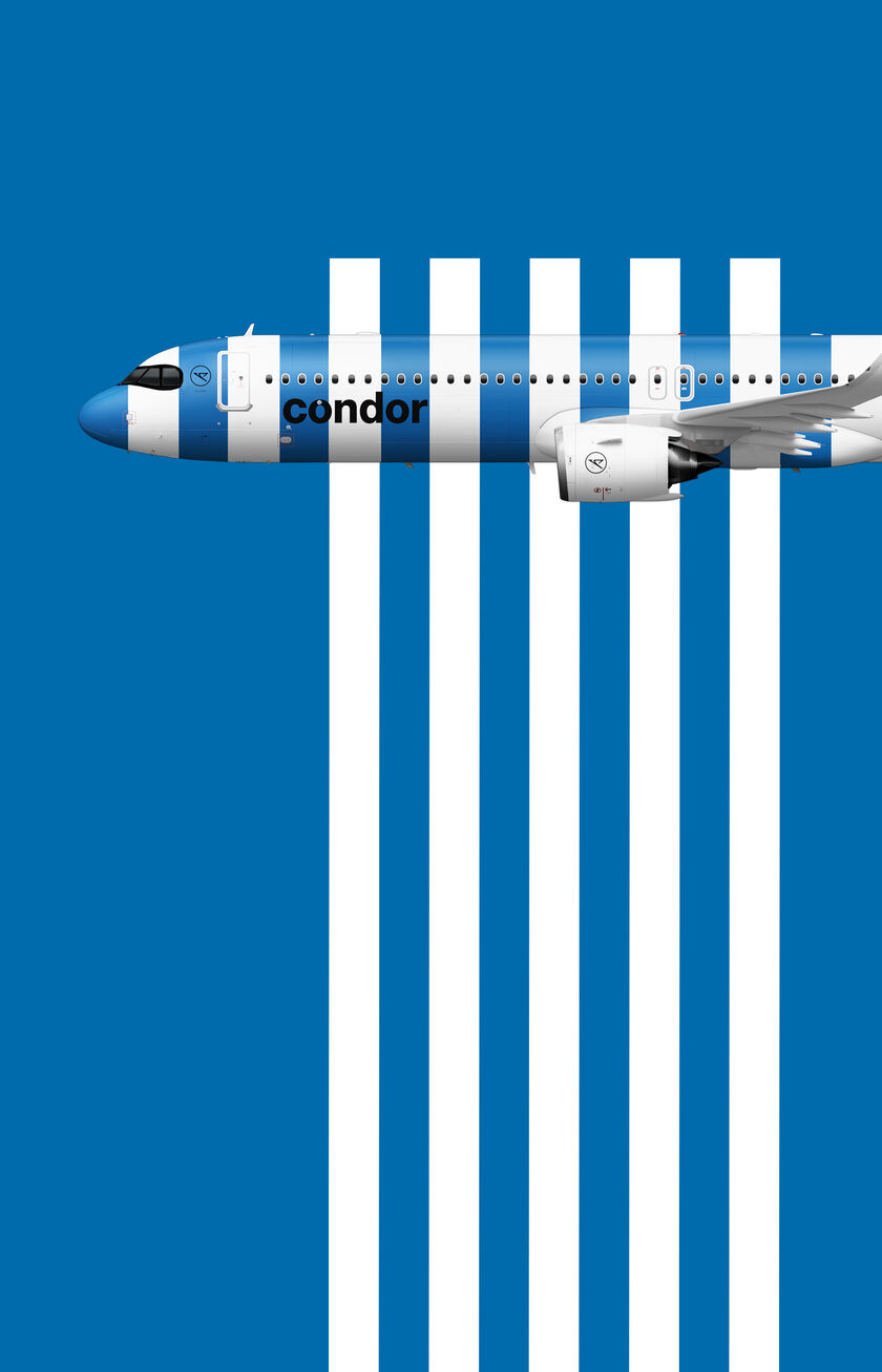 striped week. Condor Flugzeug in der Farbe Sea auf blau farbendem Hintergrund.