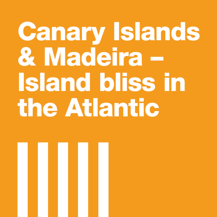 Spain. Canary Islands. Madeira. Orange Tile with Text: Canary Island & Madeira. Island Bliss in the Atlantik.