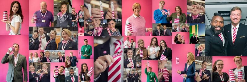 Collage of various images of employees wearing pink-striped accessories.