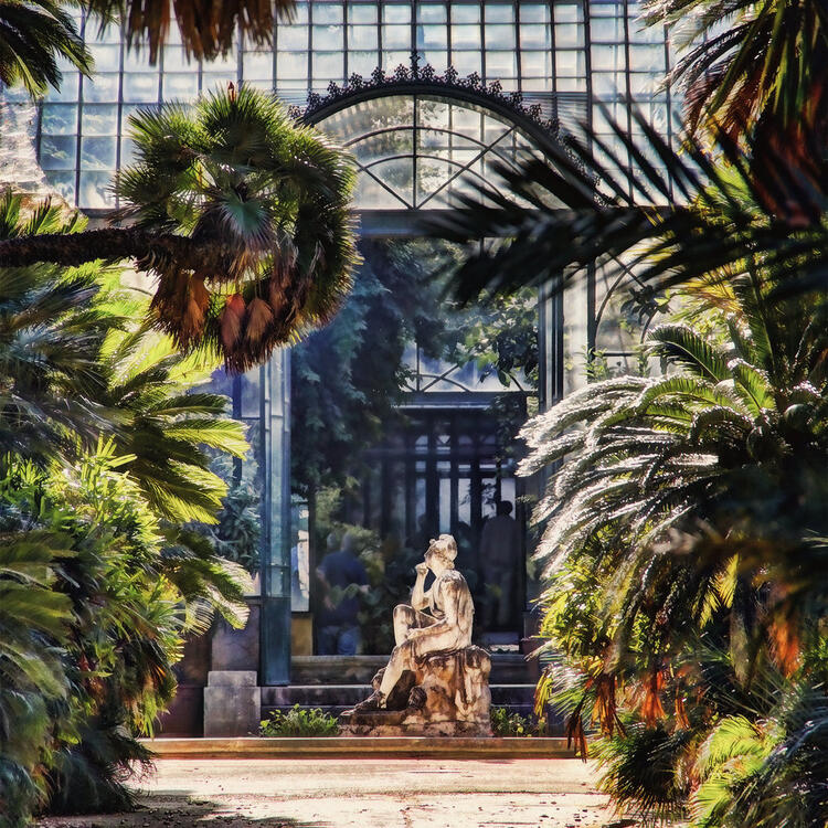 Scultura e piante esotiche in una serra storica dell'Orto Botanico di Palermo