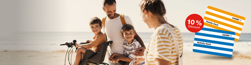 Promotional banner featuring two Condor Cards in blue and yellow, accompanied by a red label stating '10% Discount'; in the background, a happy family of four enjoying a sunny day at the beach.