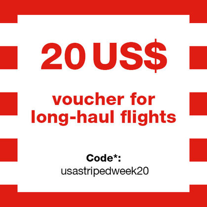 striped week. 20 US$ voucher for long-haul flights. Code*: USAstripedweek20